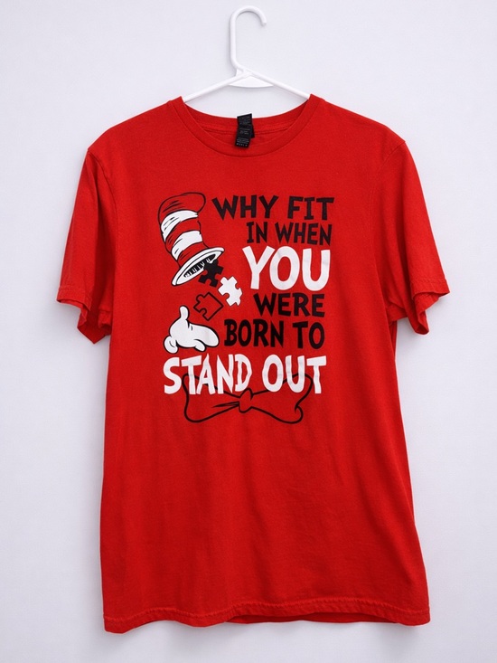 Gildan Tops - Dr Seuss Cat in the Hat Autism Awareness Puzzle Graphic Tee Red Medium Shirt